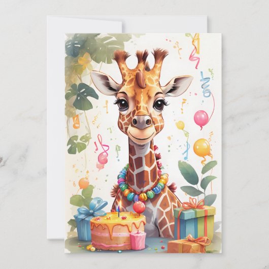 Happy Giraffe with Gifts & Cake | 招待状 (正面)