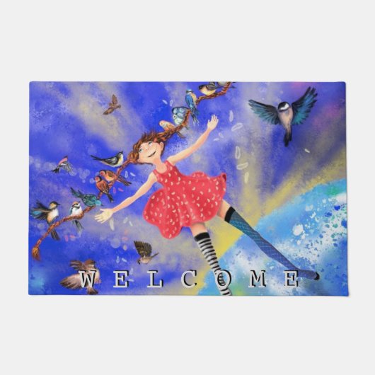 Happy Girl and Birds doormat ドアマット (正面)
