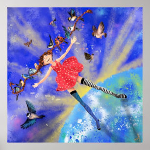 Happy Girl with Birds Poster Painting ポスター