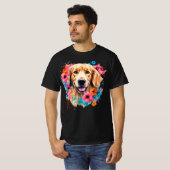 Happy Golden Retriever Colorful Floral Splash Tシャツ (正面フル)