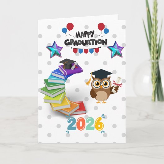 Happy Graduation 2026 - かわいいフクロウと本 カード (正面)