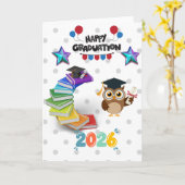 Happy Graduation 2026 - かわいいフクロウと本 カード (黄色い花)