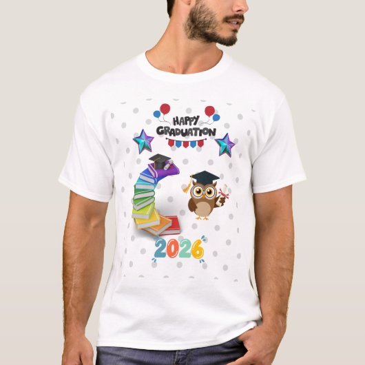 Happy Graduation 2026 - かわいいフクロウと本  Tシャツ (正面)