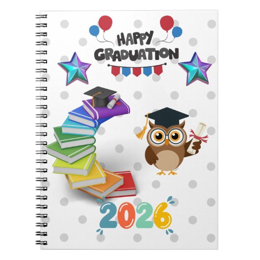 Happy Graduation 2026 - Cute Owl & Books  ノートブック (正面)