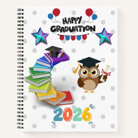 Happy Graduation 2026 - Cute Owl & Books  ノートブック (正面)