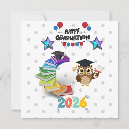 Happy Graduation 2026 - Cute Owl & Books  招待状 (正面)