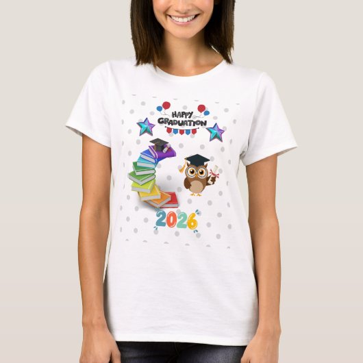 Happy Graduation 2026 - Cute Owl & Books  Tシャツ (正面)
