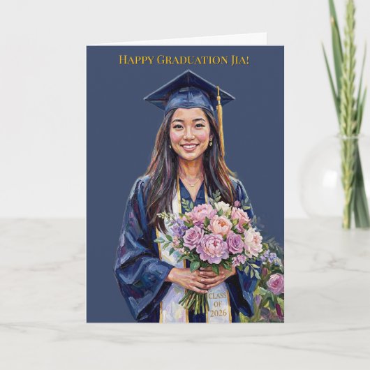  Happy Graduation Floral Asian Woman Graduation カード (正面)