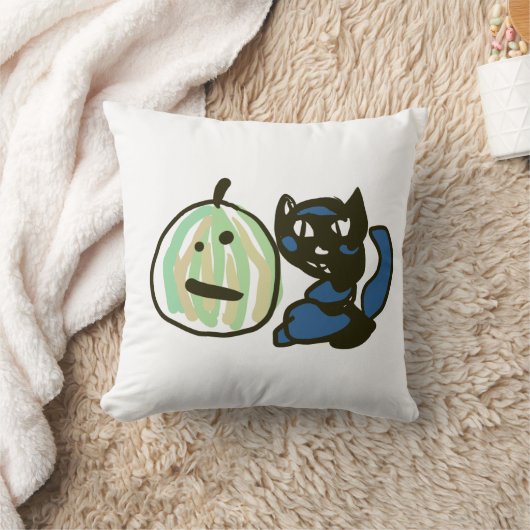 Happy Green Jack o Lantern Black Cat  クッション (ブランケット)