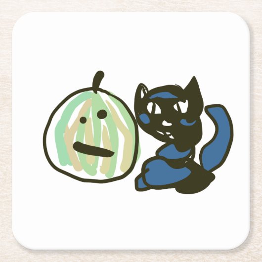 Happy Green Jack o Lantern Black Cat  スクエアペーパーコースター (正面)