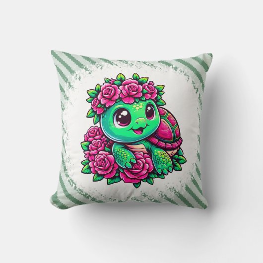 Happy Green Turtle with Pink Roses クッション (正面)