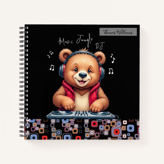 Happy Grizzly Bear, Smiling DJ, Music Jungle ノートブック (正面)