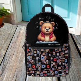 Happy Grizzly Bear, Smiling DJ, Music Jungle プリントバックパック