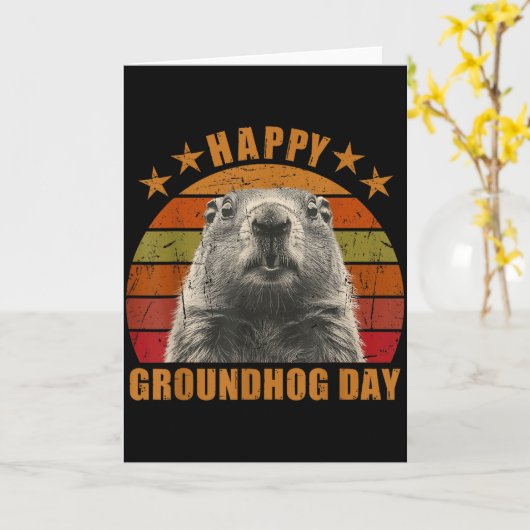Happy Groundhog Day 2025 Decorations Humorous Retr カード (黄色い花)