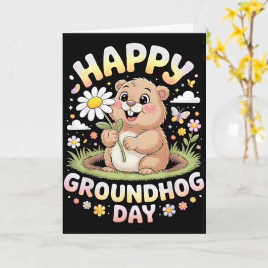 Happy Groundhog Day 2026 Cute Groundhog With Flowe カード (黄色い花)