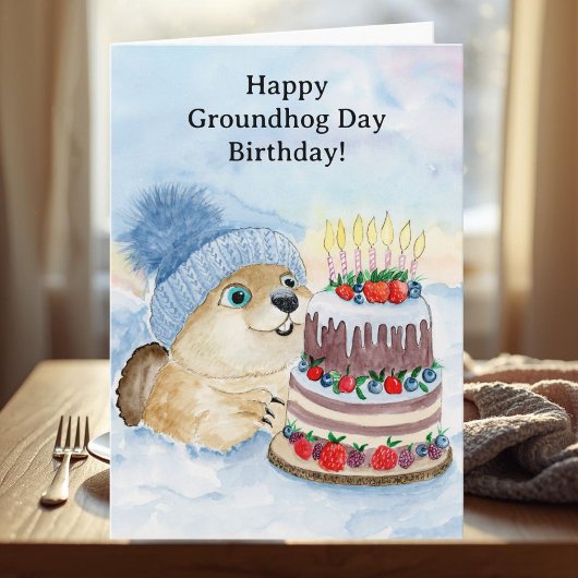 Happy Groundhog Day Birthday Groundhog with Cake カード