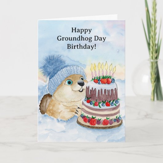 Happy Groundhog Day Birthday Groundhog with Cake カード (正面)