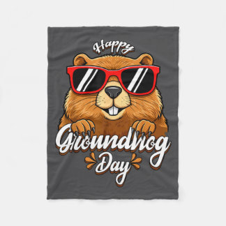 Happy Groundhog Day Funny Groundhog Sungles Cute K フリースブランケット