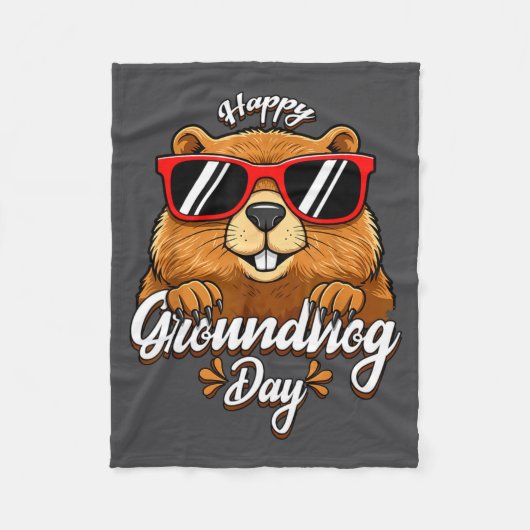 Happy Groundhog Day Funny Groundhog Sungles Cute K フリースブランケット (正面)
