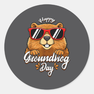 Happy Groundhog Day Funny Groundhog Sungles Cute K ラウンドシール