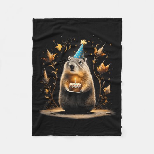 Happy Groundhog Day Ground Hog With Birthday Cake  フリースブランケット (正面)