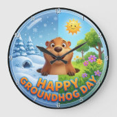 Happy Groundhog Day Seasonal ラージ壁時計 (正面)