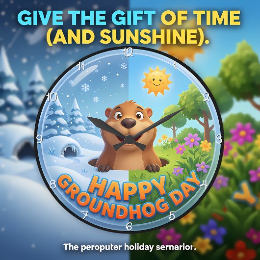 Happy Groundhog Day Seasonal ラージ壁時計