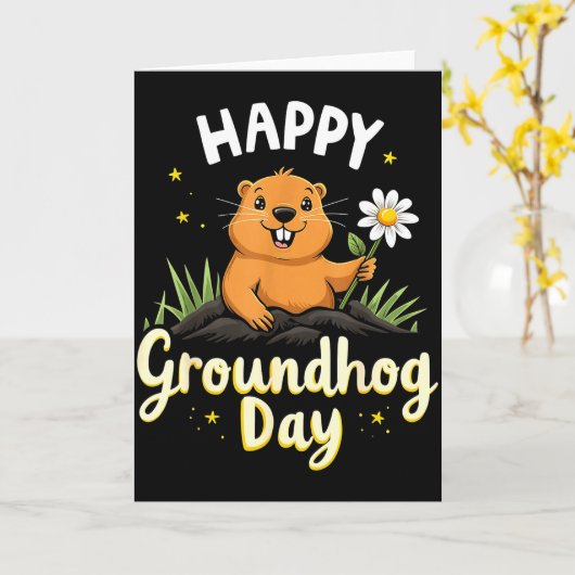 Happy Groundhog Day With Flower _1  カード (黄色い花)