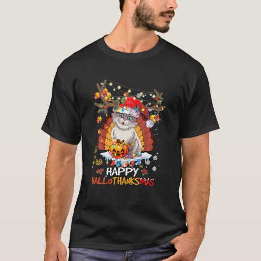 Happy Hallothanksmas 2021Cute Cat Halloween Merry Tシャツ (正面)