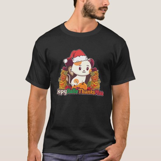 Happy HalloThanksMas Cat With Santa Hat Thanksgivi Tシャツ (正面)