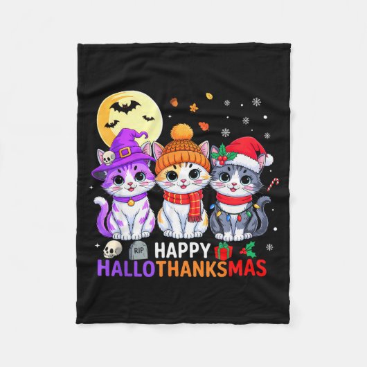 Happy Hallothanksmas Cats Halloween Thanksgiving C フリースブランケット (正面)
