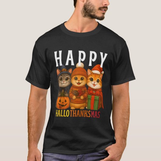 Happy Hallothanksmas Cats Halloween Thanksgiving C Tシャツ (正面)
