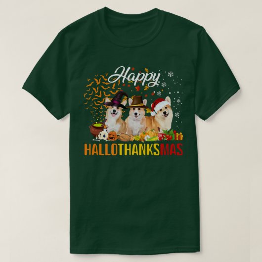 Happy Hallothanksmas Corgi Dog Halloween Merry Chr Tシャツ (デザイン正面)