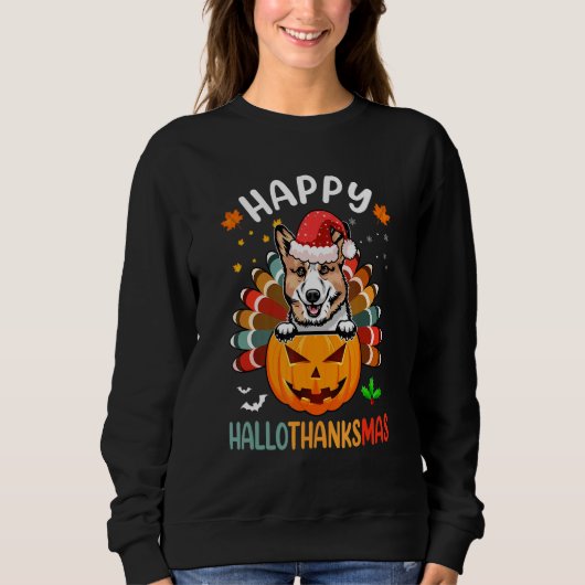 Happy Hallothanksmas Corgi Dog Santa Pumpkin Turke スウェットシャツ (正面)