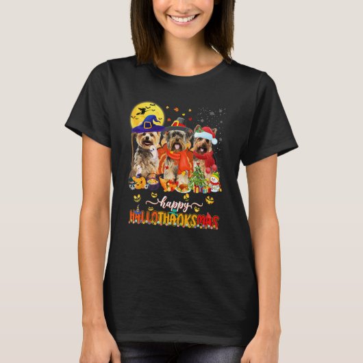 Happy Hallothanksmas Cute Yorkie Wizard Hat Turkey Tシャツ (正面)