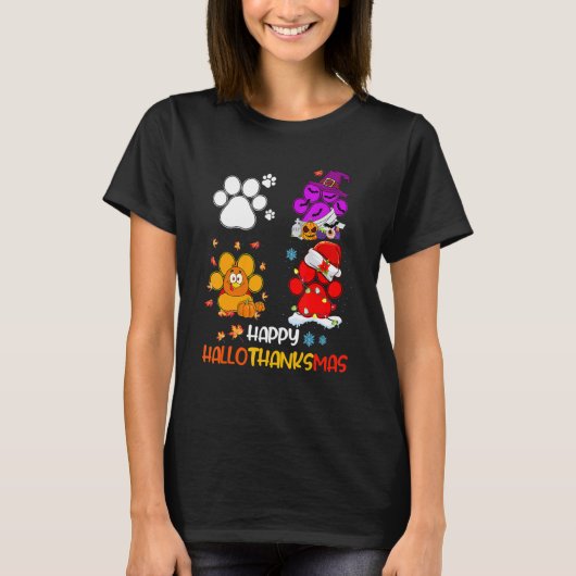 Happy HalloThanksMas Dog Paws Halloween Thanksgivi Tシャツ (正面)