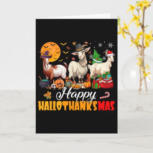 Happy Hallothanksmas Goat Halloween Thanksgiving C カード (黄色い花)