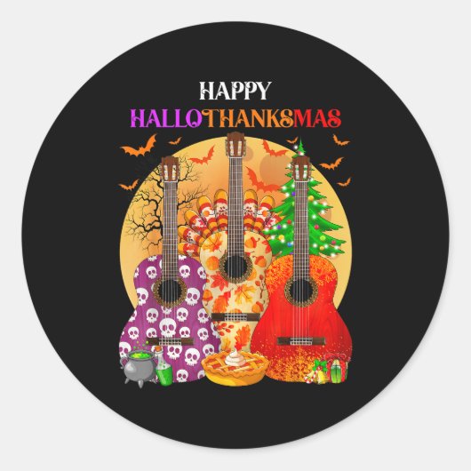 Happy Hallothanksmas Guitar Halloween Thanksgiving ラウンドシール (正面)
