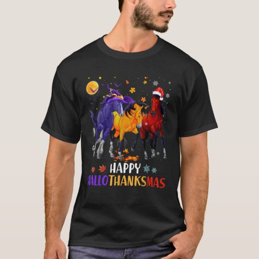 Happy Hallothanksmas Horse Halloween Thanksgiving  Tシャツ (正面)