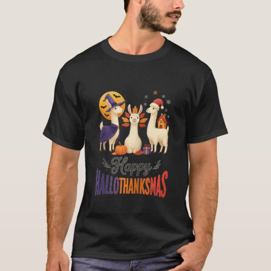 Happy Hallothanksmas Llamas Halloween Thanksgiving Tシャツ (正面)