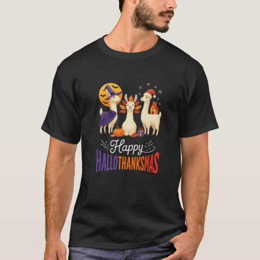 Happy Hallothanksmas Llamas Halloween Thanksgiving Tシャツ (正面)
