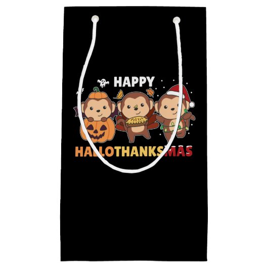 Happy Hallothanksmas Monkey Christmas Monkeys スモールペーパーバッグ (正面)