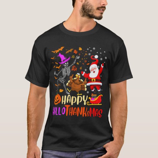 Happy Hallothanksmas Skeleton Pumpkin Turkey Santa Tシャツ (正面)