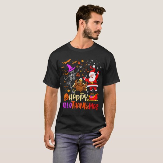 Happy Hallothanksmas Skeleton Pumpkin Turkey Santa Tシャツ (正面フル)