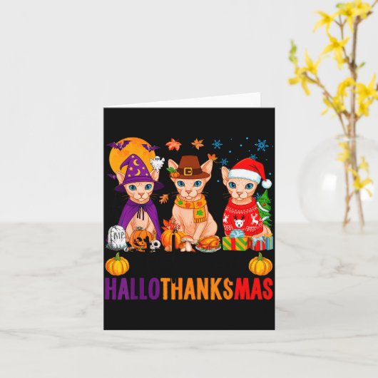 Happy Hallothanksmas Sphynx Cats Halloween Thanksg カード (黄色い花)