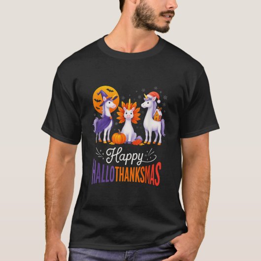 Happy Hallothanksmas Unicorns Halloween Thanksgivi Tシャツ (正面)