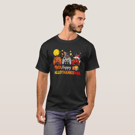 Happy Hallothanksmas Video Game Controller Pumpkin Tシャツ (正面フル)