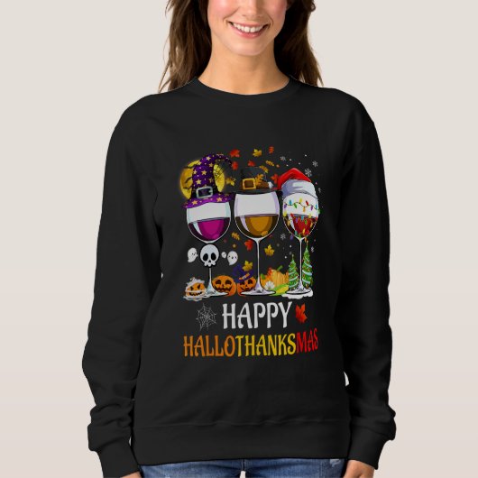 Happy Hallothanksmas Wine Glasses Witch Santa Hat  スウェットシャツ (正面)