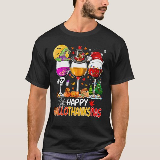Happy Hallothanksmas Wine Glasses Witch Santa Hat Tシャツ (正面)