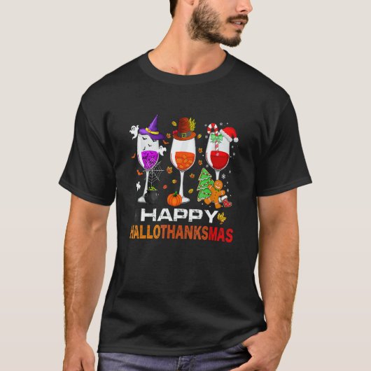 Happy Hallothanksmas Wine Glasses Witch Santa Hat  Tシャツ (正面)